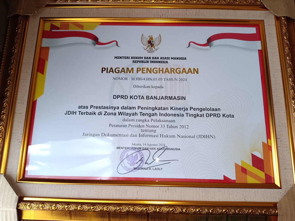 JDIH Sekretariat DPRD Kota Banjarmasin Meraih Penghargaan Tingkat Nasional